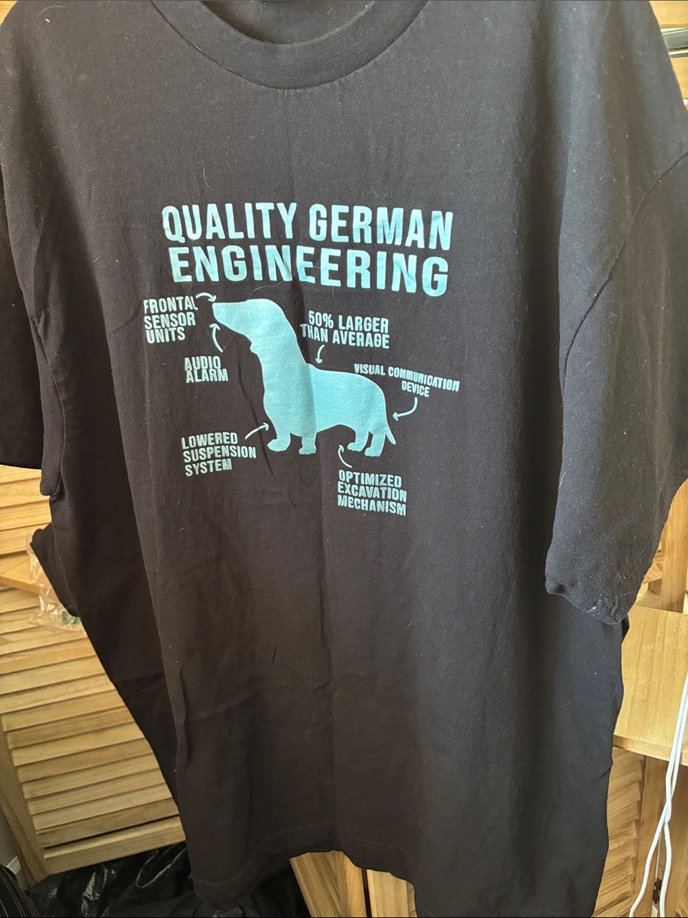 Quality German Engineering Black T-Shirt with Teal Dachshund Graphic 2XL